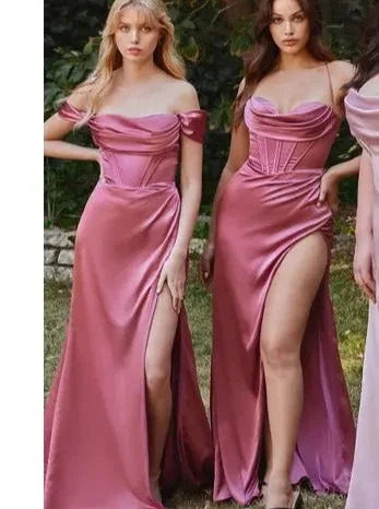 Satin Off the Shoulder Corset Gown/mauve rose