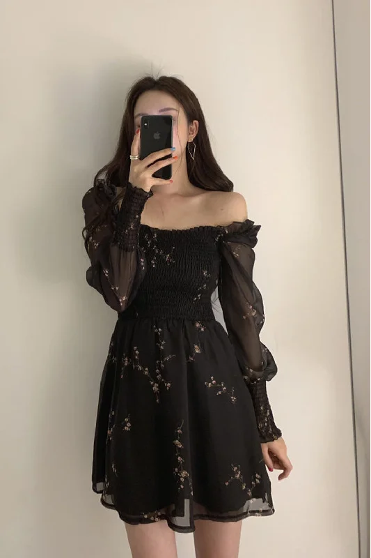 Flytonn-Graduation gift, dressing for the Coachella Valley Music Festival,Sexy Flower Puff Sleeve Chiffon Black Dress