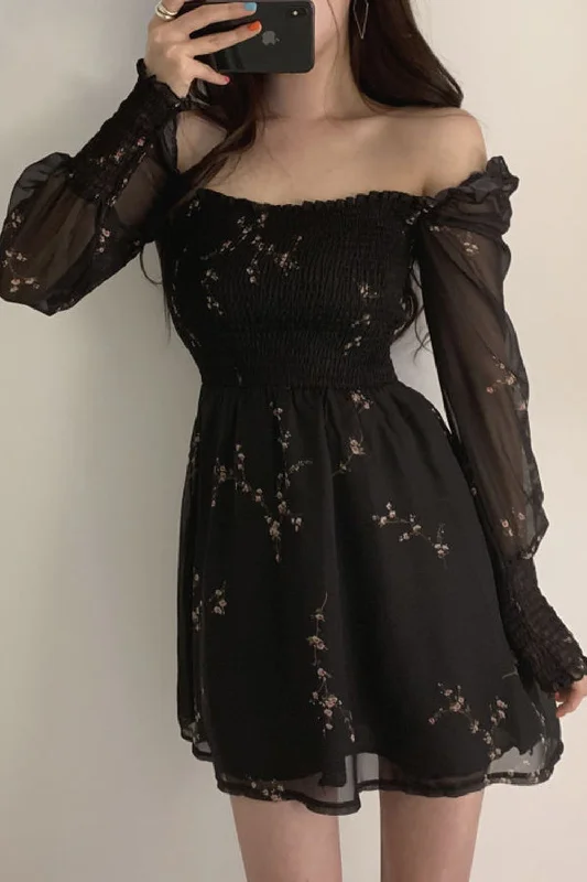 Flytonn-Graduation gift, dressing for the Coachella Valley Music Festival,Sexy Flower Puff Sleeve Chiffon Black Dress