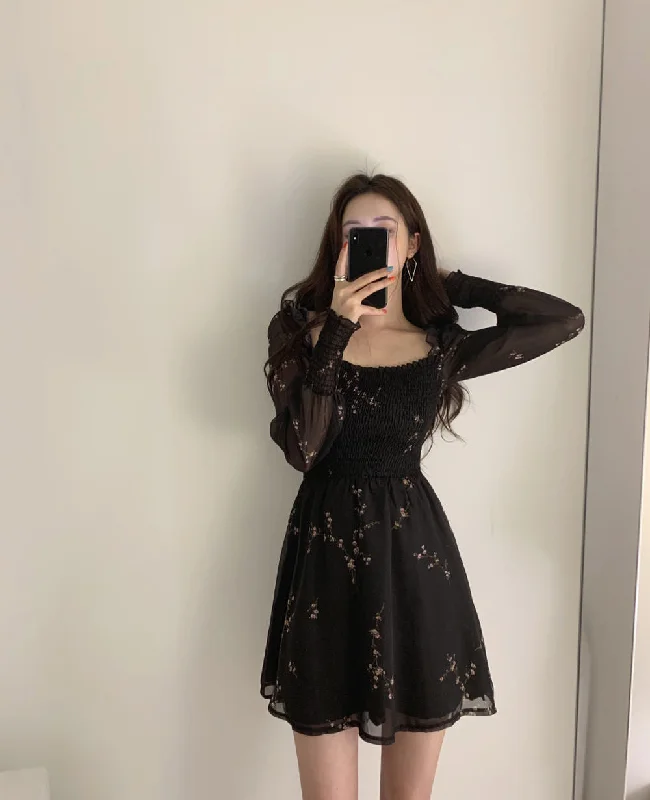 Flytonn-Graduation gift, dressing for the Coachella Valley Music Festival,Sexy Flower Puff Sleeve Chiffon Black Dress