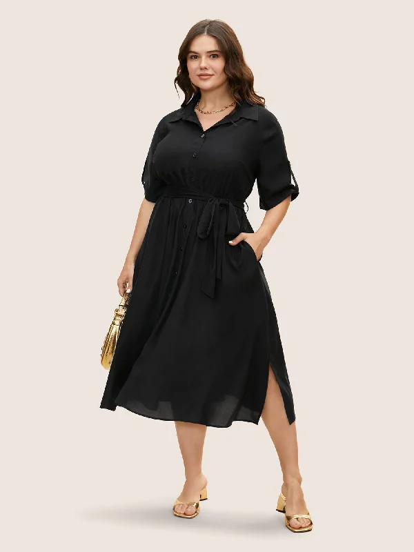 Shirt Collar Tab Sleeve Split Hem Dress