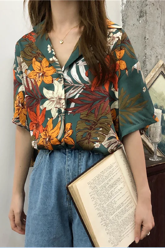 Flytonn-Graduation gift, dressing for the Coachella Valley Music Festival,Short Sleeve Vintage Flowers Blouse Shirt