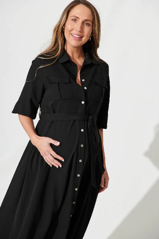 Sinatra Midi Shirt Dress In Black Cotton Blend