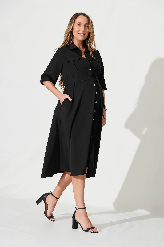 Sinatra Midi Shirt Dress In Black Cotton Blend