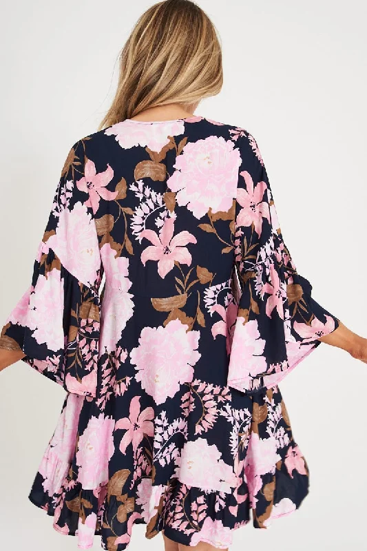 Skylar Dress In Navy With Pink And Lilac Floral