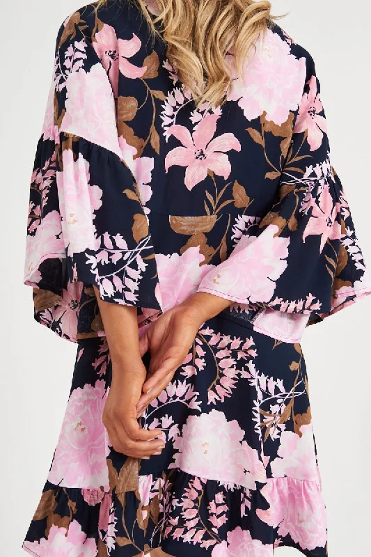 Skylar Dress In Navy With Pink And Lilac Floral