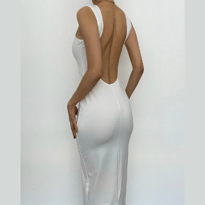 BerryBetty - Sleeveless round neck solid backless slit midi dress