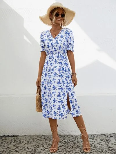 Slit Printed V-Neck Short Sleeve Dress