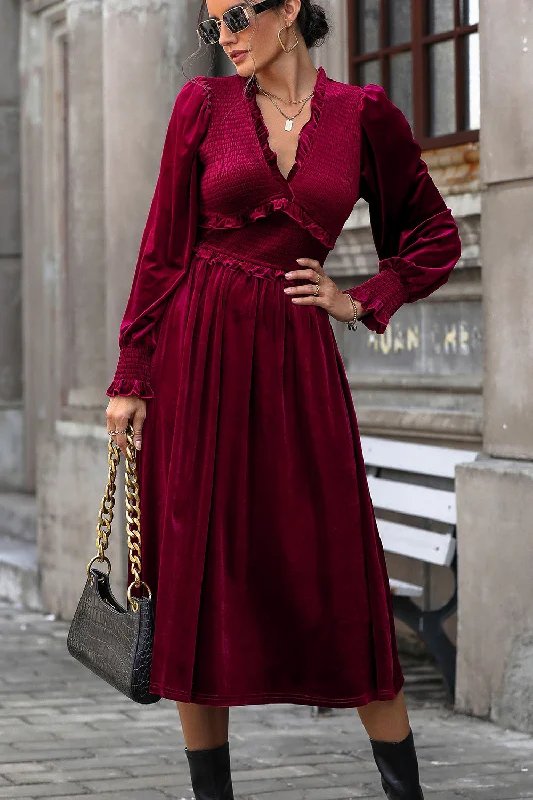 Smocked Lantern Sleeve Midi Dress