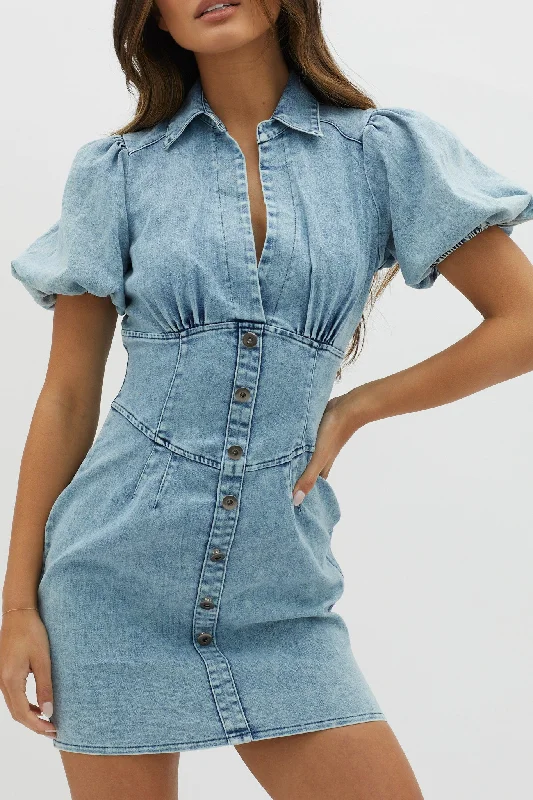 South Beach Puff Sleeve Collared Mini Dress Denim