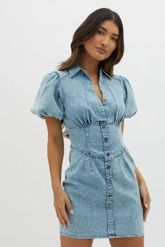 South Beach Puff Sleeve Collared Mini Dress Denim