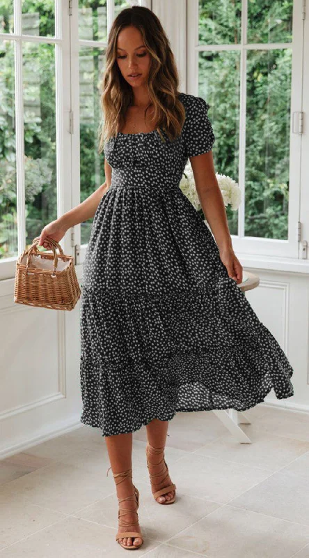 Square Collar Short Sleeve Summer Floral Dress