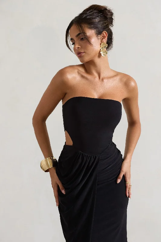 St Barts | Black Strapless Cut-Out Maxi Dress With Twist Skirt