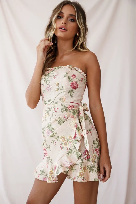 Stacey Frill Bustier Wrap Dress Floral Print Nude