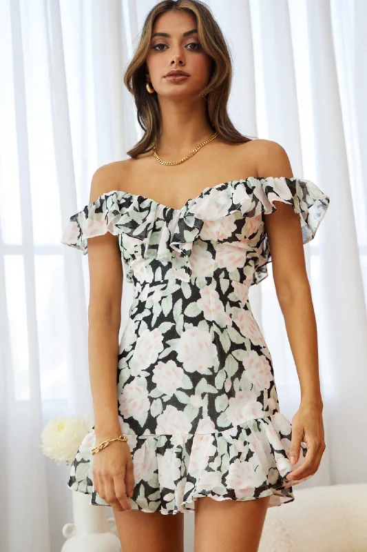 Sweet Melody Sweetheart Neckline Off-Shoulder Dress Floral Print Black/Nude