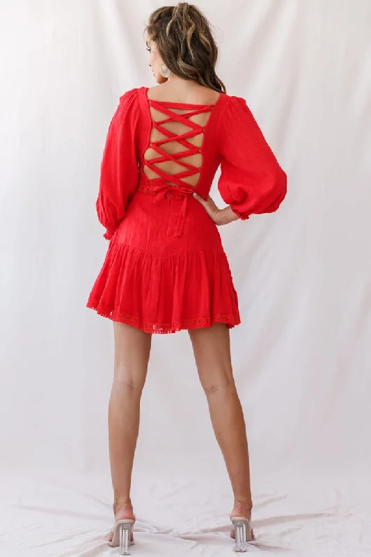 Sweetheart Corset-Back Lantern Sleeve Dress Red