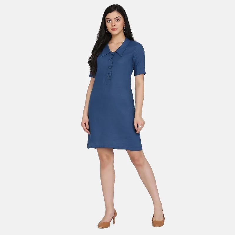 Blue Collared A Line  Women's Cotton Shirt Dress