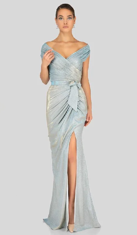 Terani Couture - Off Shoulder Shirred Metallic Gown 1911M9344  - 1 Pc. Gunmetal Silver in size 12 Available