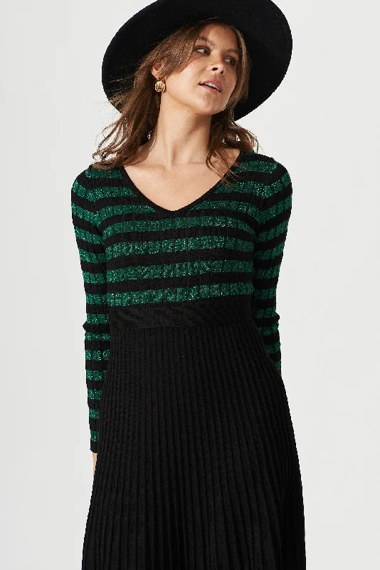 Trifecta Knit Dress In Emerald With Black Stripe