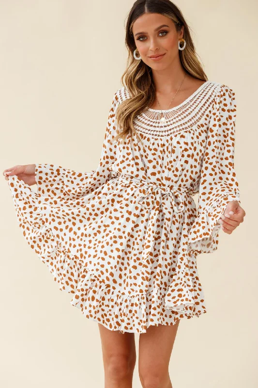 Turn Back Time Long Sleeve Crochet Neckline Dress Animal Print White/Brown