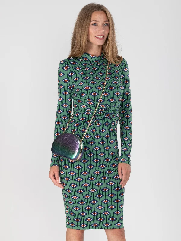 1 Twist Front Long Sleeve Dress, Green Geo