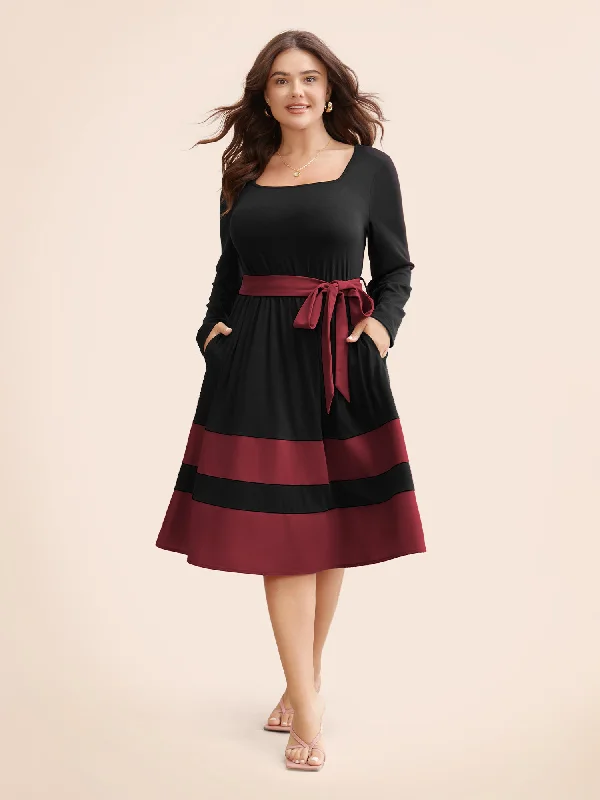 Two Tone Belted Bowknot Square Neck Dress