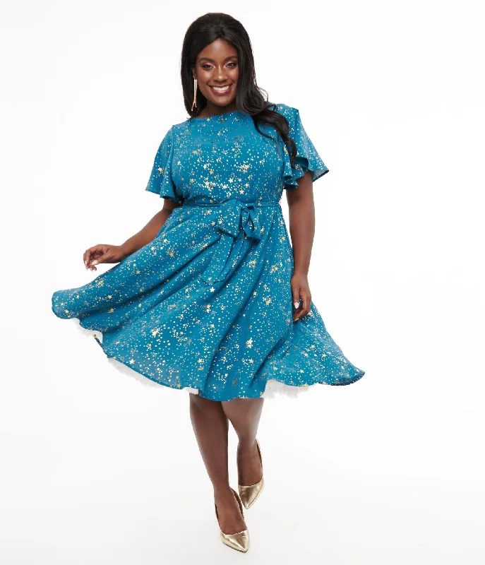 Unique Vintage Plus Size 1930s Teal & Gold Star Swing Dress