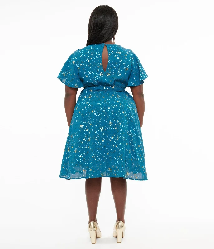 Unique Vintage Plus Size 1930s Teal & Gold Star Swing Dress