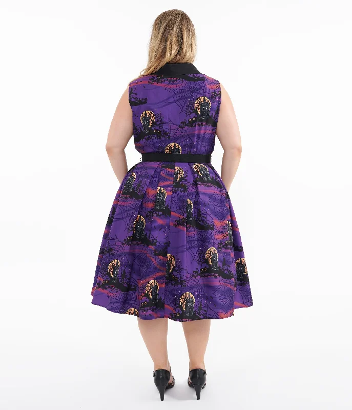 Unique Vintage Plus Size 1950s Purple Halloween Print Edith Swing Dress