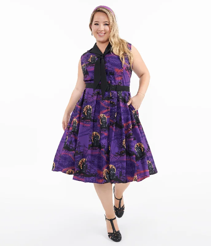 Unique Vintage Plus Size 1950s Purple Halloween Print Edith Swing Dress