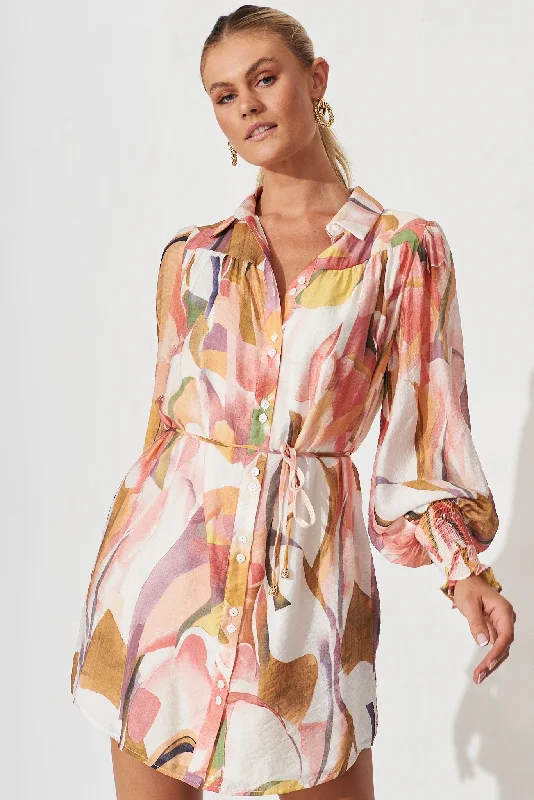 Vierzon Shirt Dress In White With Multi Apricot Floral