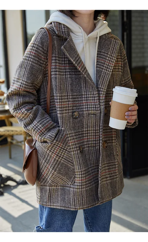 Flytonn-Graduation gift, dressing for the Coachella Valley Music Festival,Vintage Double Breasted Plaid Woolen Coat Jacket