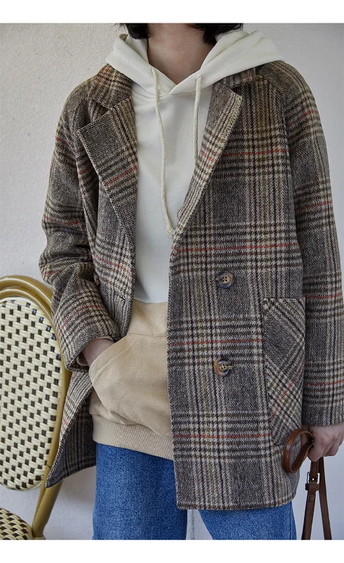 Flytonn-Graduation gift, dressing for the Coachella Valley Music Festival,Vintage Double Breasted Plaid Woolen Coat Jacket