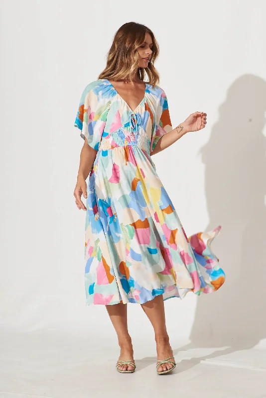 Virgo Midi Dress In Multi Watercolour Print