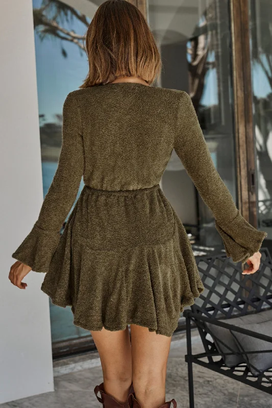 Wait For It Long Sleeve Drawstring Dress Khaki