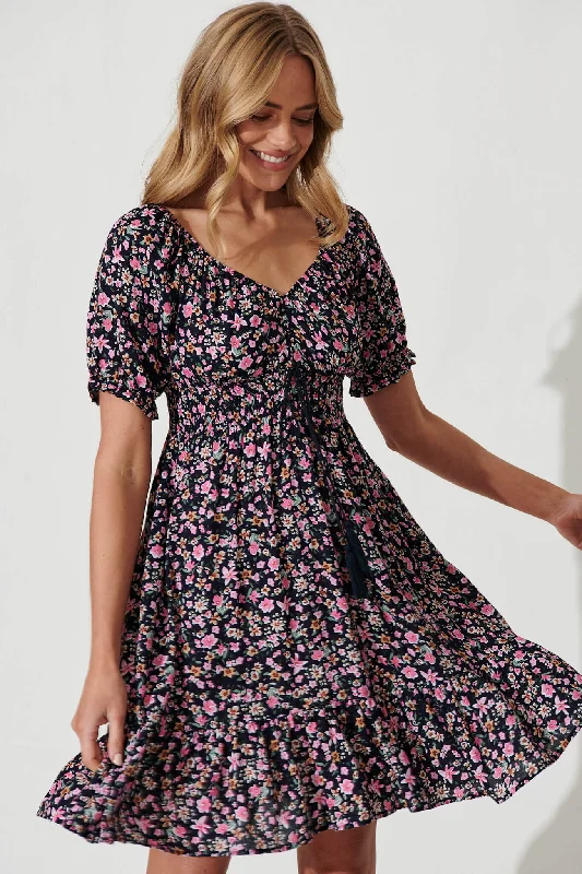 Wellington Dress In Navy With Pink Ditsy Floral