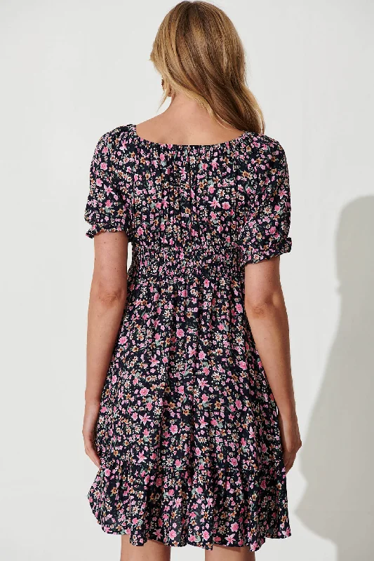 Wellington Dress In Navy With Pink Ditsy Floral