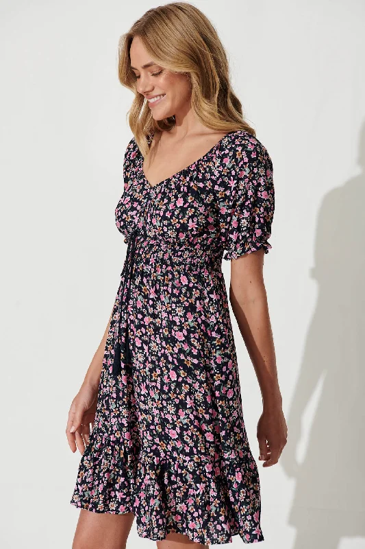 Wellington Dress In Navy With Pink Ditsy Floral