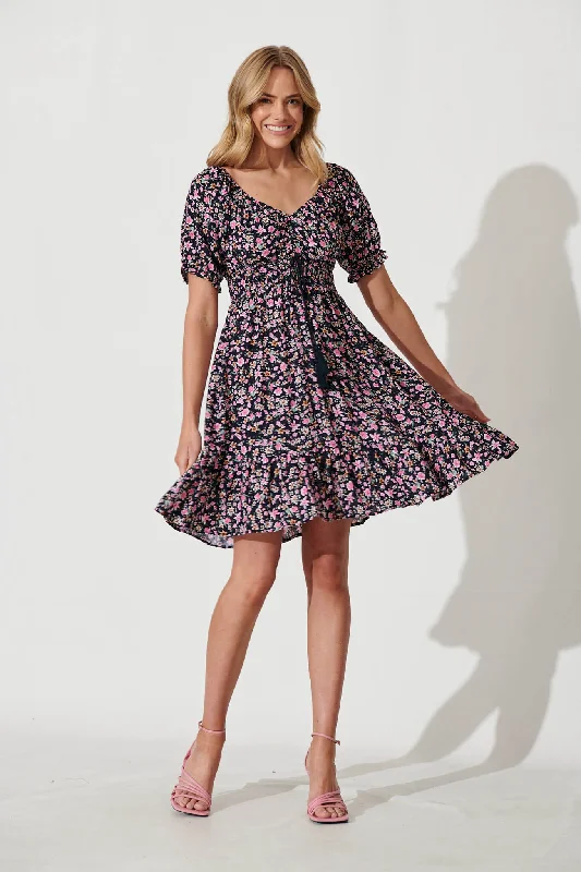 Wellington Dress In Navy With Pink Ditsy Floral