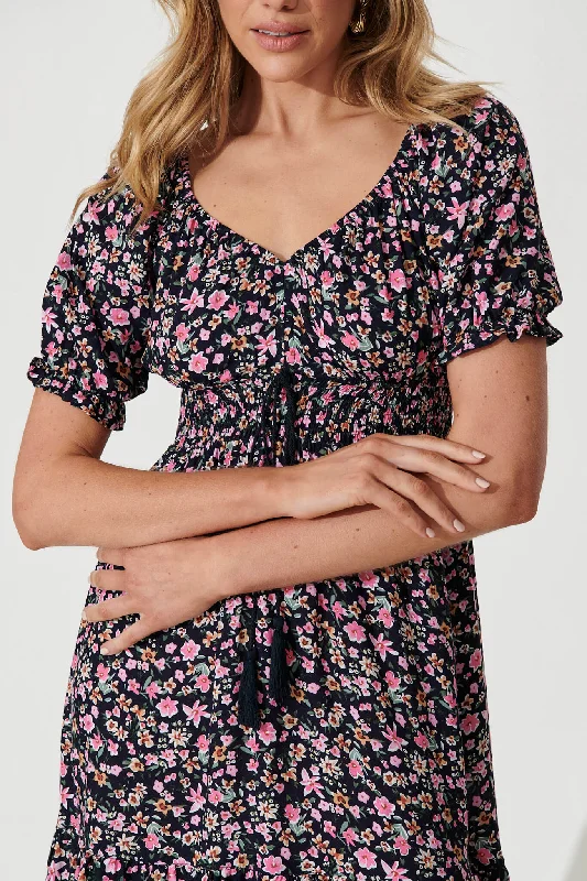 Wellington Dress In Navy With Pink Ditsy Floral