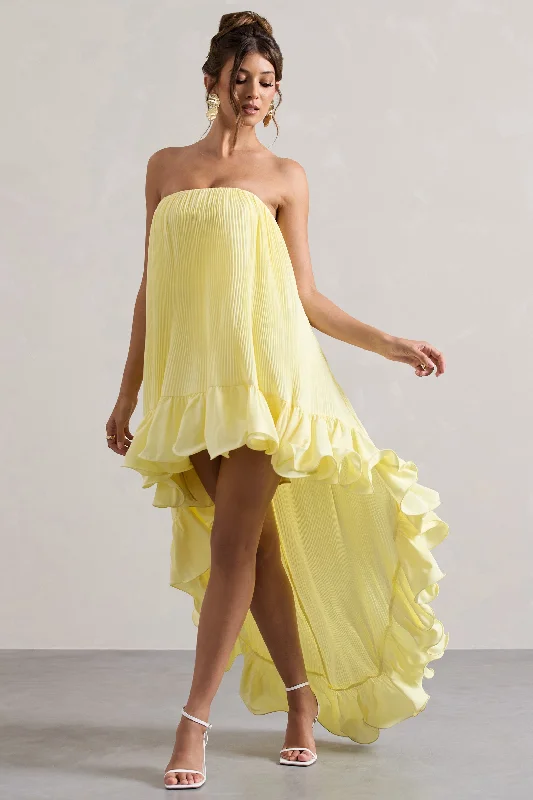 Whistler | Lemon Chiffon Bandeau High-Low Ruffled Maxi Dress