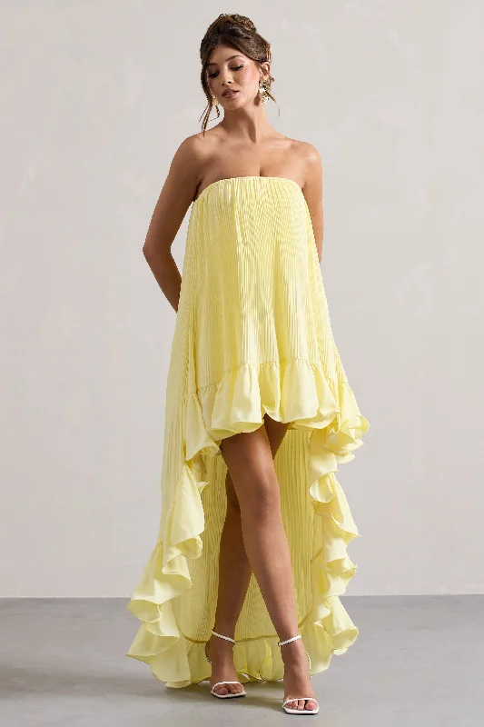 Whistler | Lemon Chiffon Bandeau High-Low Ruffled Maxi Dress