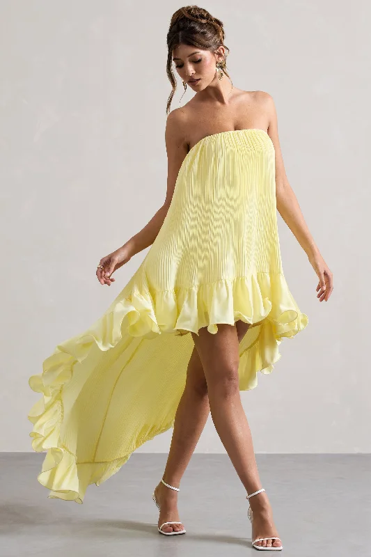 Whistler | Lemon Chiffon Bandeau High-Low Ruffled Maxi Dress