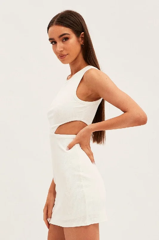 White Mini Dress Sleeveless Round Neck Cut Out