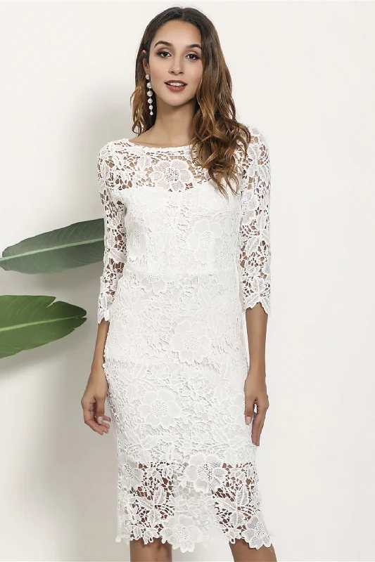 White Sheath Lace Midi Graduation Dress With Half Sleeves