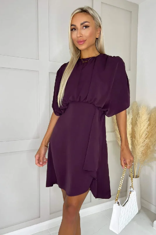 Wine Batwing Gathered Top Mini Dress