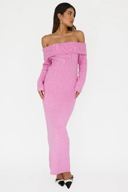 Winter Wonder Off-Shoulder Knit Maxi Dress Pink