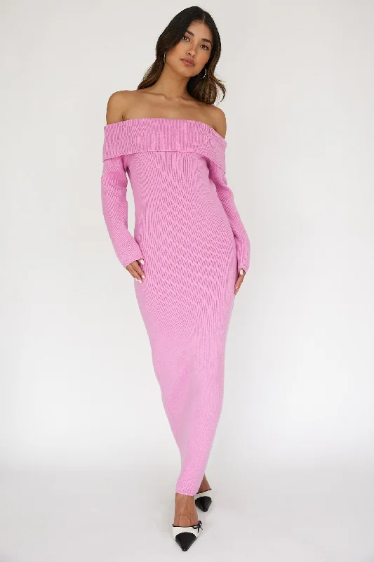 Winter Wonder Off-Shoulder Knit Maxi Dress Pink