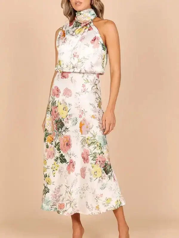 Women’s Floral Print Halter Neck Midi Dress