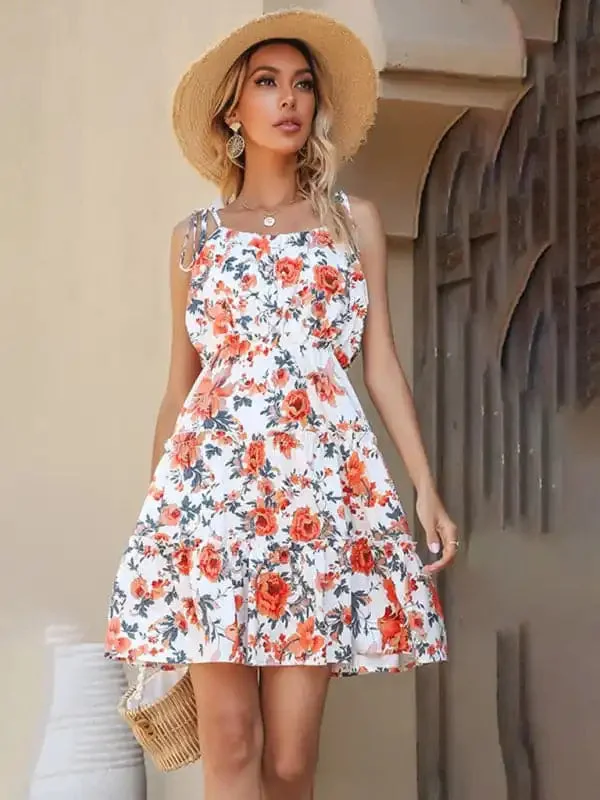 Women’s new floral bow fungus sexy suspender dress